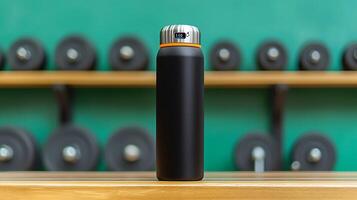 Sleek black water bottle on wooden shelf in gym, with dumbbells in the blurred background photo