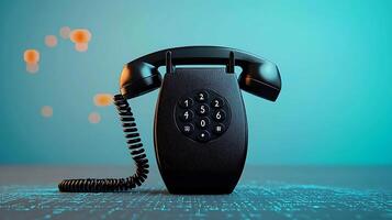 Vintage black rotary phone on a digital background with glowing elements, symbolizing communication photo