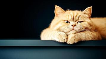 Relaxed ginger cat lounging on a shelf with a soft focus background creating a cozy atmosphere photo