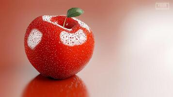 Close-up of a shiny red apple with droplets of water on a smooth surface and soft background photo