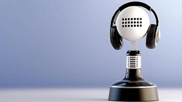 Retro microphone with headphones on a sleek surface, against a gradient background, symbolizing music photo