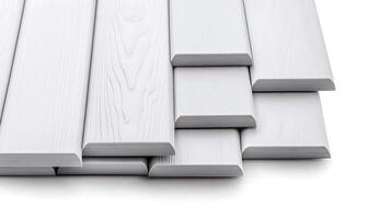 Stacked white wooden planks arranged neatly, showcasing texture and color variations, suitable for design photo