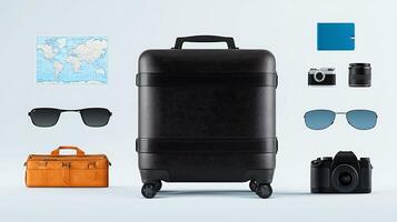 Stylish black suitcase surrounded by travel essentials like sunglasses, camera, and map photo