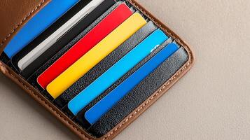 Close-up of a stylish wallet displaying various credit cards arranged in vibrant colors photo