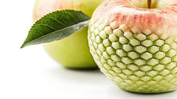 Close-up of uniquely textured apple with hexagonal pattern, showcasing vibrant colors and fresh leaves photo