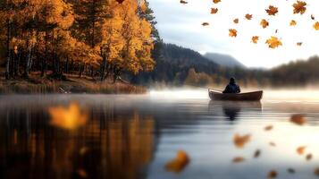 Serene autumn scene with a person in a canoe on a tranquil lake surrounded by colorful foliage photo