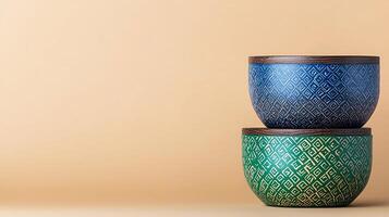 Stacked colorful bowls on a soft beige background, showcasing intricate patterns and textures photo