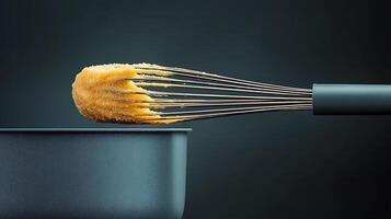 Close-up of a whisk mixing a golden batter in a dark kitchen setting with a minimalist design photo