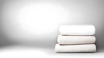 Stacked white and beige towels on a smooth gradient background, creating a minimalist aesthetic photo