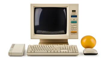 Vintage computer setup featuring a monitor, keyboard, mouse, and an orange ball on a white background photo