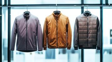 Three stylish jackets displayed in a modern retail store with a minimalist design and bright lighting photo