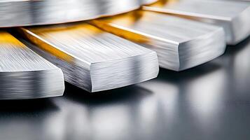 Close-up view of polished metal bars arranged in a circular pattern on a reflective surface photo