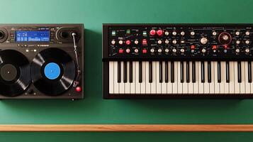 Vintage turntable and synthesizer on a green wall with wooden shelf, creating a musical vibe photo