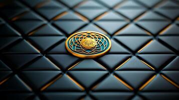 Close-up of an intricate emblem on a textured dark surface, showcasing elegance and design photo