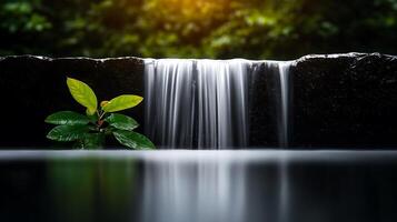 Serene waterfall cascading over rocks with lush greenery in the background, showcasing natures tranquility photo