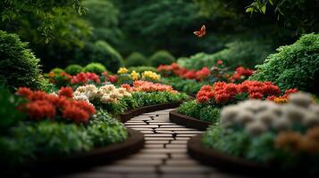 Serene garden pathway surrounded by vibrant flowers and lush greenery, with a butterfly in flight photo