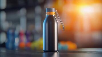 Sleek black water bottle on a table with colorful blurred background enhancing focus photo