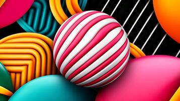 Colorful abstract composition featuring a striped sphere surrounded by vibrant geometric shapes and patterns photo