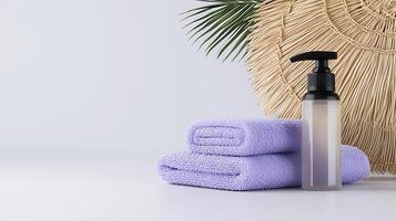 Spa setting with a lavender towel and a pump bottle on a minimalistic background with greenery photo