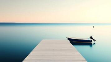Serene sunset view of a docked boat with a person relaxing, calm waters, and distant horizon photo