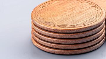 Stacked wooden coasters with intricate design resting on a smooth surface, ideal for home decor photo