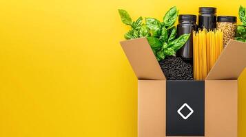 A cardboard box filled with pasta, spices, and fresh basil against a vibrant yellow background photo