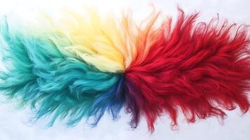 Colorful fur texture blending vibrant shades, creating a striking visual display on a white background photo
