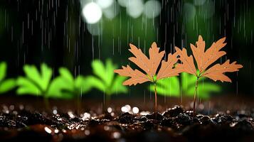 Raindrops falling on young leaves in a lush forest, creating a serene and refreshing atmosphere photo