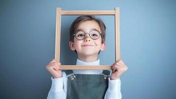 Young child holding a wooden frame in front of their face, smiling against a blue background photo