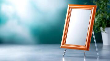 A vibrant orange-framed mirror stands on a sleek surface with a blurred green background photo