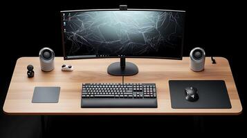 Modern workspace featuring a sleek monitor, keyboard, and speakers on a wooden desk with ambient lighting photo