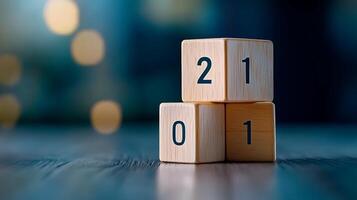 Wooden blocks displaying numbers 201 stacked on a wooden surface with a blurred background photo