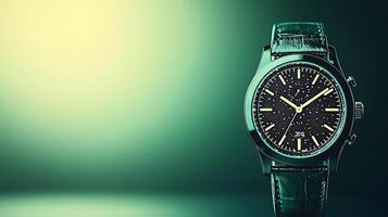 Elegant wristwatch with a dark dial and green leather strap against a soft gradient background photo