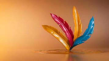 Vibrant colored feathers splashing in water against a warm gradient background, creating dynamic ripples photo