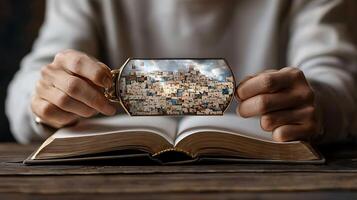 Person holding a unique frame showcasing a mosaic of images above an open book on a wooden table photo