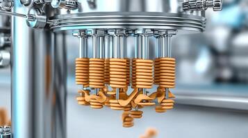 Close-up of industrial machinery with orange spring components in a modern factory setting photo