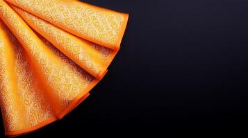 Vibrant orange fabric draping elegantly against a dark background, showcasing intricate patterns photo