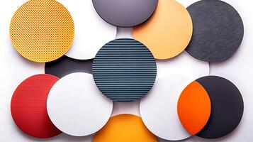 Colorful arrangement of circular design samples showcasing various textures and patterns photo