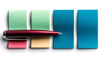 Colorful sticky notes arranged with a pen on a clean surface, ideal for brainstorming ideas photo