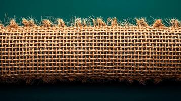 Close-up view of textured burlap fabric roll against a solid green background, showcasing natural fibers photo
