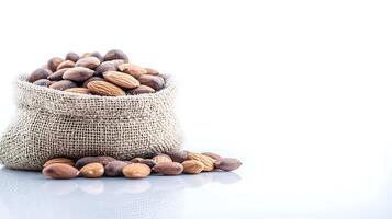 A burlap sack filled with assorted nuts spilling onto a reflective surface in a bright setting photo