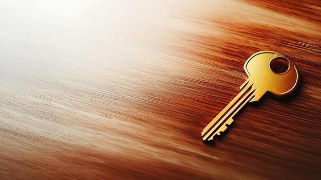 A close-up of a golden key resting on a polished wooden surface, symbolizing security and access photo