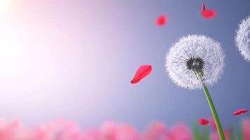 A close-up of a dandelion puff releasing seeds with colorful petals drifting in a soft background photo