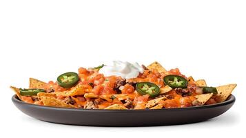 A delicious plate of nachos topped with beef, jalapeos, tomatoes, and sour cream on a white background photo
