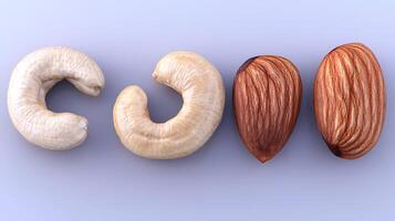 Close-up view of various nuts and seeds arranged on a smooth surface with soft lighting photo