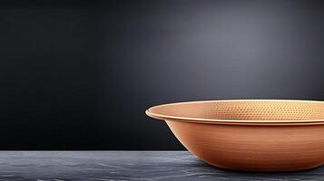 Copper colander placed on a dark marble surface with a minimalist background, ideal for kitchen use photo