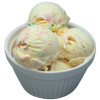 Closeup of Vanilla Ice Cream with Sprinkles in a White Bowl png