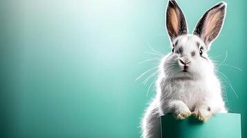 A fluffy white rabbit perched on a teal cylinder, set against a soft gradient background photo