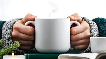 Cozy hands holding a steaming white mug, surrounded by books and candles in a serene setting photo