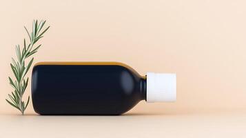 Dark bottle with white cap resting on a soft pastel background, accompanied by a sprig of rosemary photo
